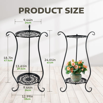 WECHARM HOME 2-Tier Heavy Duty Metal Plant Stand | Round Indoor Outdoor Potted Plant Holder, Black Corner Display Shelf