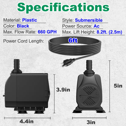 Knifel Submersible Water Pump, Ultra Quiet 660GPH (2500L/H 45W) Fountain Pump with Over Heating Protection 8.2ft High Lift, Pond Pump for Fish Tank, Pond, Aquarium, Statuary, Hydroponics