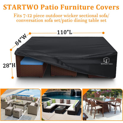 STARTWO Patio Furniture Covers Waterproof, Outdoor Furniture Set Cover for 7-12 Seats Sectional Sofa Table Chairs Anti-UV Tear-Resistant 500D Heavy Duty,110"x84"x28", Black