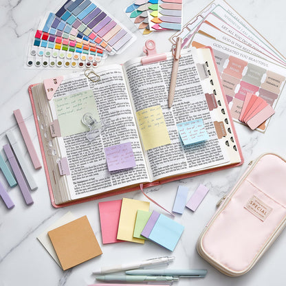 Chiisong 73 Pcs Aesthetic Bible Journaling Study Supplies Book Annotation Kit Pencil Case 12 Highlighters 14 Sticky Notes 5 Gel Pens 6 Press Pens 12 Labels for Christmas Bible School Gift(Pink)