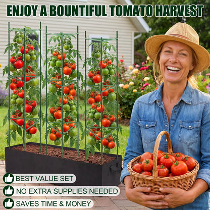 BobbleT 3 Pack Heavy Duty Tomato Cages with 57 Gallon Grow Bag, 48" Adjustable Tomato Trellis for Raised Garden Bed, Sturdy Triangle Plant Support for Climbing Vegetables, Cucumbers & Garden Plants