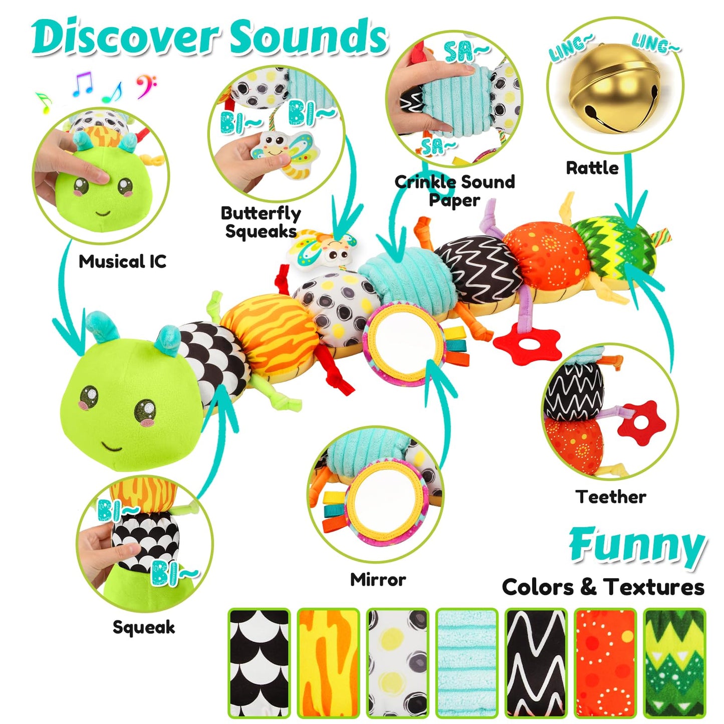 Baby Sensory Toys for 0-6 6-12 Months, Musical Stuffed Caterpillar Toy with Crinkle Rattle Mirror, Baby Essentials Infant Tummy Time Toys for 3 6 9 12 18 Months, Newborn Boys Girls Shower Gifts