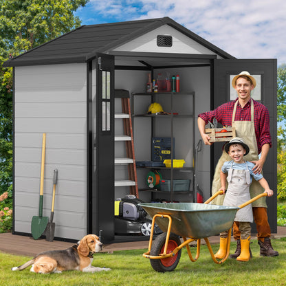 DWVO 6x4.4 FT Outdoor Storage Shed, Plastic Garden Tool Shed with 2 Windows, Double-Wall Outside Shed for Lawn Mower, Garden Tool for Backyard, Patio, Lawn