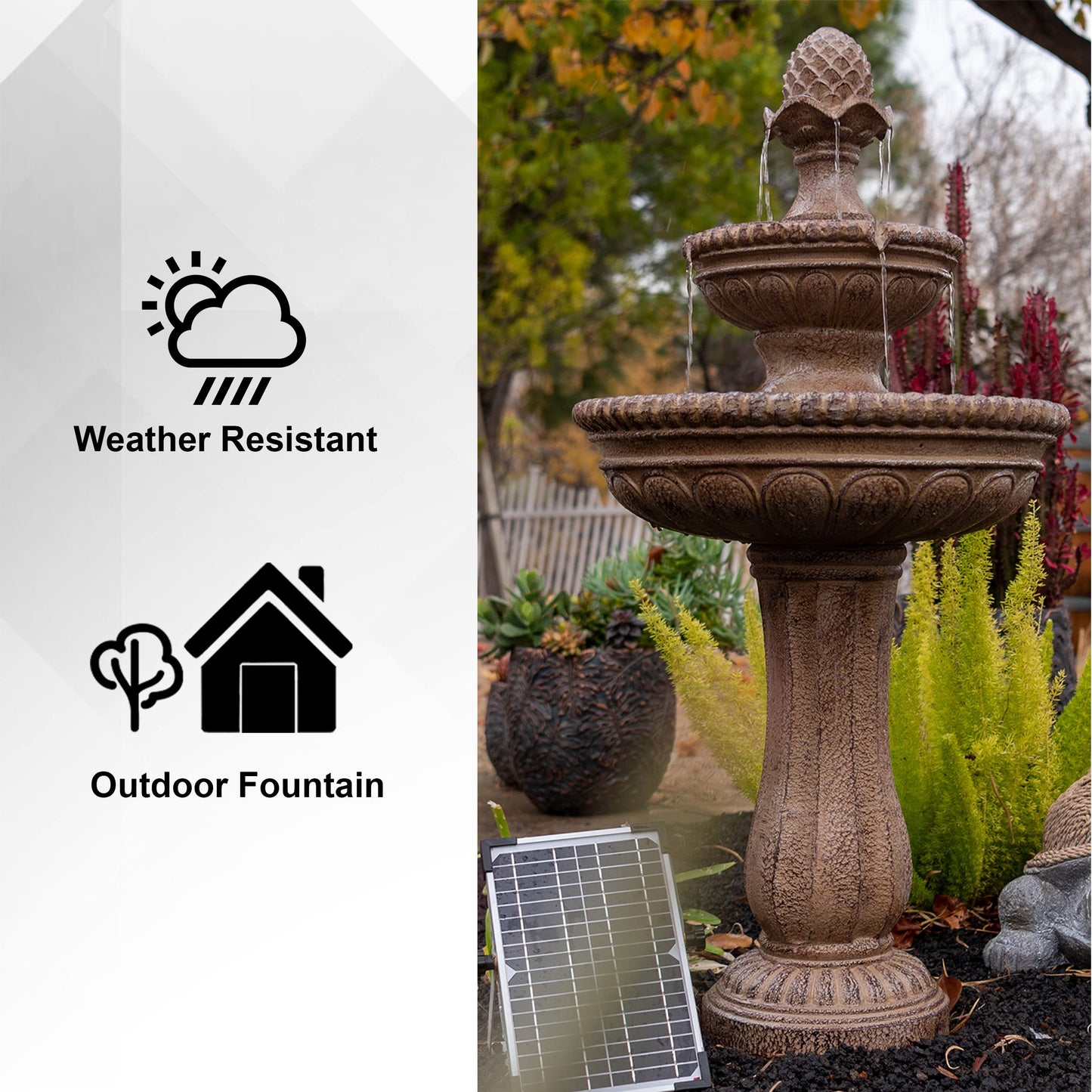 XBrand 39" Solar Water Fountain, 2-Tier Outdoor Sand Stone Resin with Solar Panel & Pump for Home Garden Yard Decor