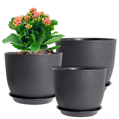 WSMKSZ 10/9/8 inch Medium Plant Pots, 3 Pack Modern Decorative Plastic Planters with Drainage Holes and Saucers, Flower Pots for Indoor Outdoor Plants, Black