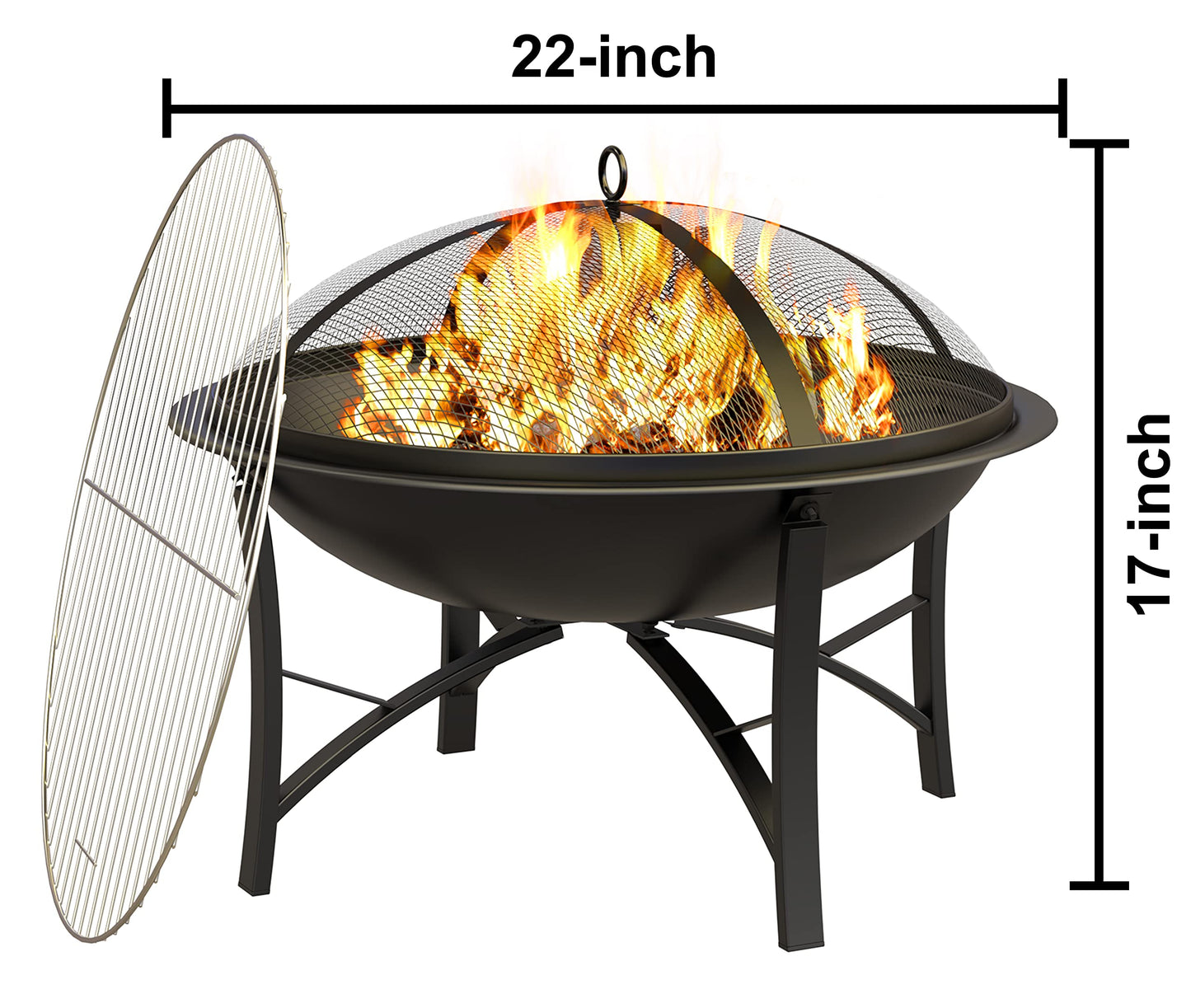 Fire Beauty Fire Pit for Outside Wood Burning,BBQ Grill Steel Fire Bowl with Cooking Grate,Spark Screen Cover,Log Grate,Poker for Camping Beach Bonfire Picnic Backyard Garden