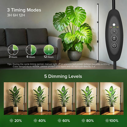 80W LED Grow Light for Indoor Plants, 3-Tier Standing Plant Light with 3/9/12H Timer, 5 Dimmable Levels, Full Spectrum Sunlike Grow Lamp for Seedlings, Potted, Tall & Large Houseplants in Room, Garden