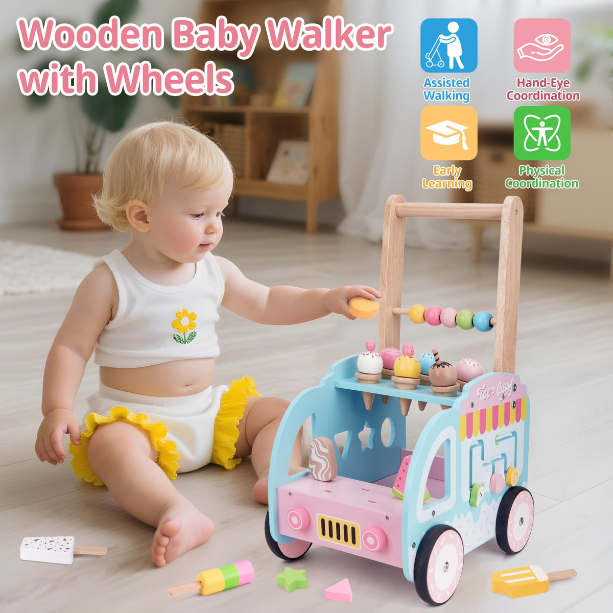 Wooden Baby Walker with Wheels for Girls, Toddler Play Store Ice Cream Toy, Multifunctional Ice Cream Cart with Baby Activity Center, Push Walking Toys Gift for 18+ Months Kids Learning to Walk