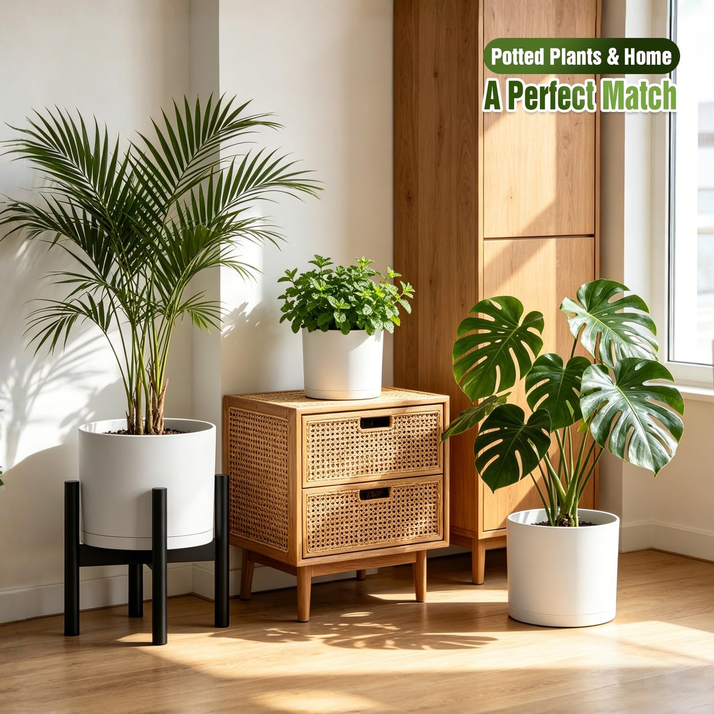 Areutxbis 10/9/8 Inch Large Plant Pots with Drainage Holes and Trays, 3 Pack Modern Minimalist Cylinder Planters for Monstera, Snake Plant, Indoor Outdoor (Matte White)
