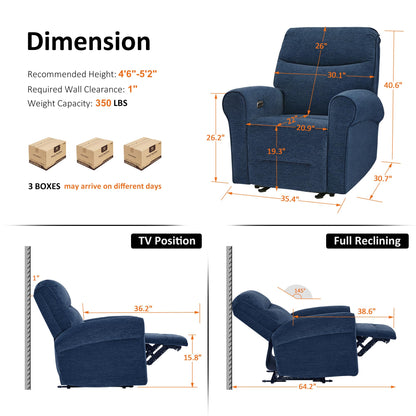 MCombo Compact Wall Hugger Power Recliner Chair for Small Spaces, Dual USB-A/C Ports, Rolled Arm Recliner for Living Room & RV, Fabric PR520 (Fabric, Navy Blue, Small)