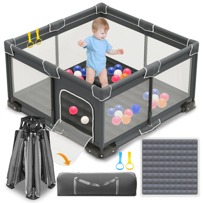 ICAREWAY Foldable Playpen for Babies and Toddlers, 50x50 Inches Portable Playpen, Kids Collapsible Play Pen with 2 Handlers, Indoor & Outdoor Baby Fence Play Area with Visible Mesh, Dark Gray