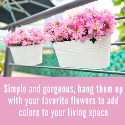 LaLaGreen Outdoor Rail Planter (8 Pack, 9.8 Inch) Small and Cute White Metal Iron Hanging Flower Pots Deck Railings Fence Buckets Countryside Style Wall Mount Window Box Plant Holder Hooks Porch Decor