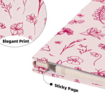 Vienrose Self Adhesive Photo Album for 4X6 8X10 Pictures, Linen Cover Scrapbook Pink Flower Printed Memory Book, 40 Blank Pages with A Metallic Pen for Baby Family Graduation Wedding Memories