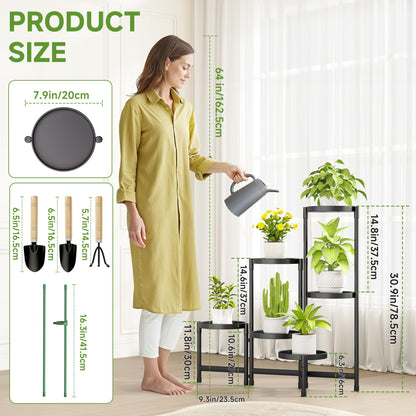 Biciyarn Plant Stand Indoor Outdoor with Metal Tray 6 Tiered Corner Plant Holders for Folding Plants Flower Pot Holder Display Stand for Living Room Balcony Garden-Black
