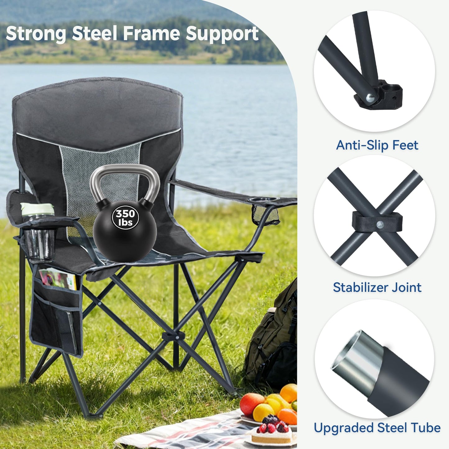 Matrasco Outdoor Camping Chair 2-Pack with Mesh Back, Folding Portable Lawn Chairs with Cup Holder & Side Storage Pocket for Camping, Beach, Picnic, Fishing(Black)