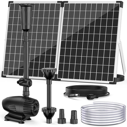 NFESOLAR 55W Solar Fountain Pump, 580GPH Solar Pond Pump with Dry-Run Protection, Foldable Solar Panel, 16.5FT Cord, 10FT Extension Cable, PVC Tubing for Outdoor Ponds, Waterfall, Garden, Hydroponics