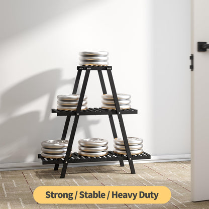 Furshus Bamboo Plant Stand Indoor/Outdoor, 3-Tier, Black, Rectangular, 8 Potted Flower Holder Ladder Plant Rack