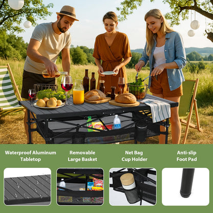 Nice C Portable Folding Camping Table, Aluminum Lightweight Roll-up Top Indoor&Outdoor Collapsible Table, with Mesh Net, Cup Holder, Carry Bag, Steel Frame, for Camping, Sports, BBQ, Picnic (Black)