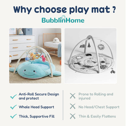 BubblinHome Baby Play Mat, Whale Tummy Time Mat with Toys, Baby Activity Gym for Infants 0–12 Months Sensory Floor Mat for Boys & Girls