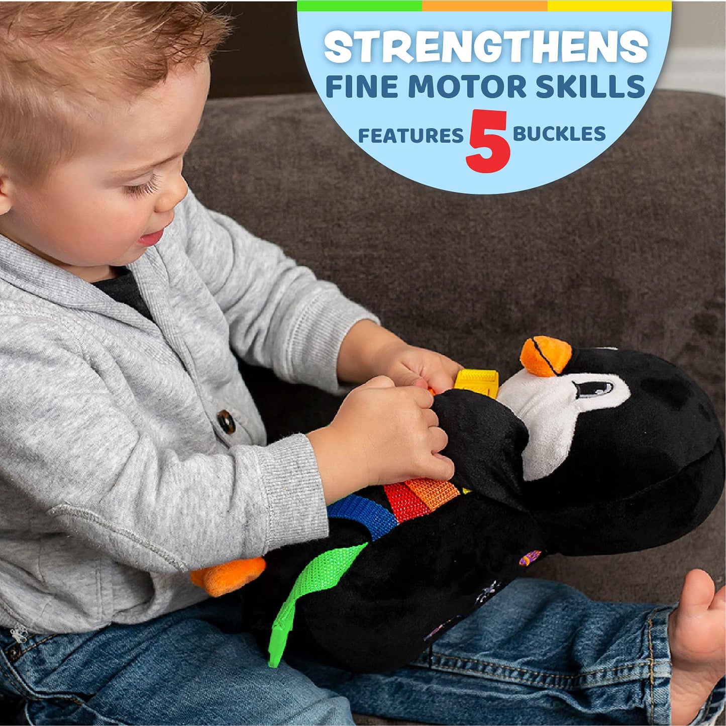 Buckle Toy - Blizzard Penguin Stuffed Animal - Montessori Learning Activity Toy - Develop Motor Skills and Problem Solving - Counting and Color Recognition - Kids Airplane Travel Accessories