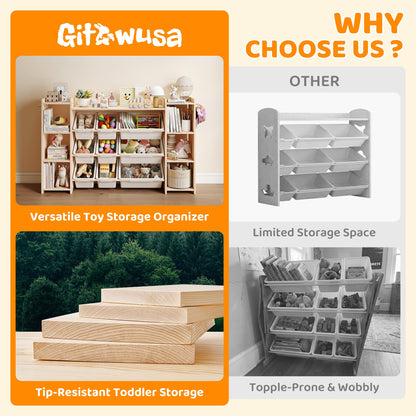 GITAWUSA Toy Storage Organizer, Kids Bookshelf with 6 Shelves, 9 Toy Bins & 6 Hooks | Toy Shelf, Storage Bin Unit, Toy Organization for Playroom, Nursery, Bedroom, Toddler Room | Wood & White