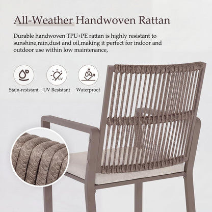 Coreporch Outdoor Patio Wicker Rattan Dining Chairs, Heavy-Duty Wrought Iron Frame Supports 400lbs, Ergonomic Backrest, Detachable Breathable Cushion, for Garden & Porch, Light Brown, Set of 2
