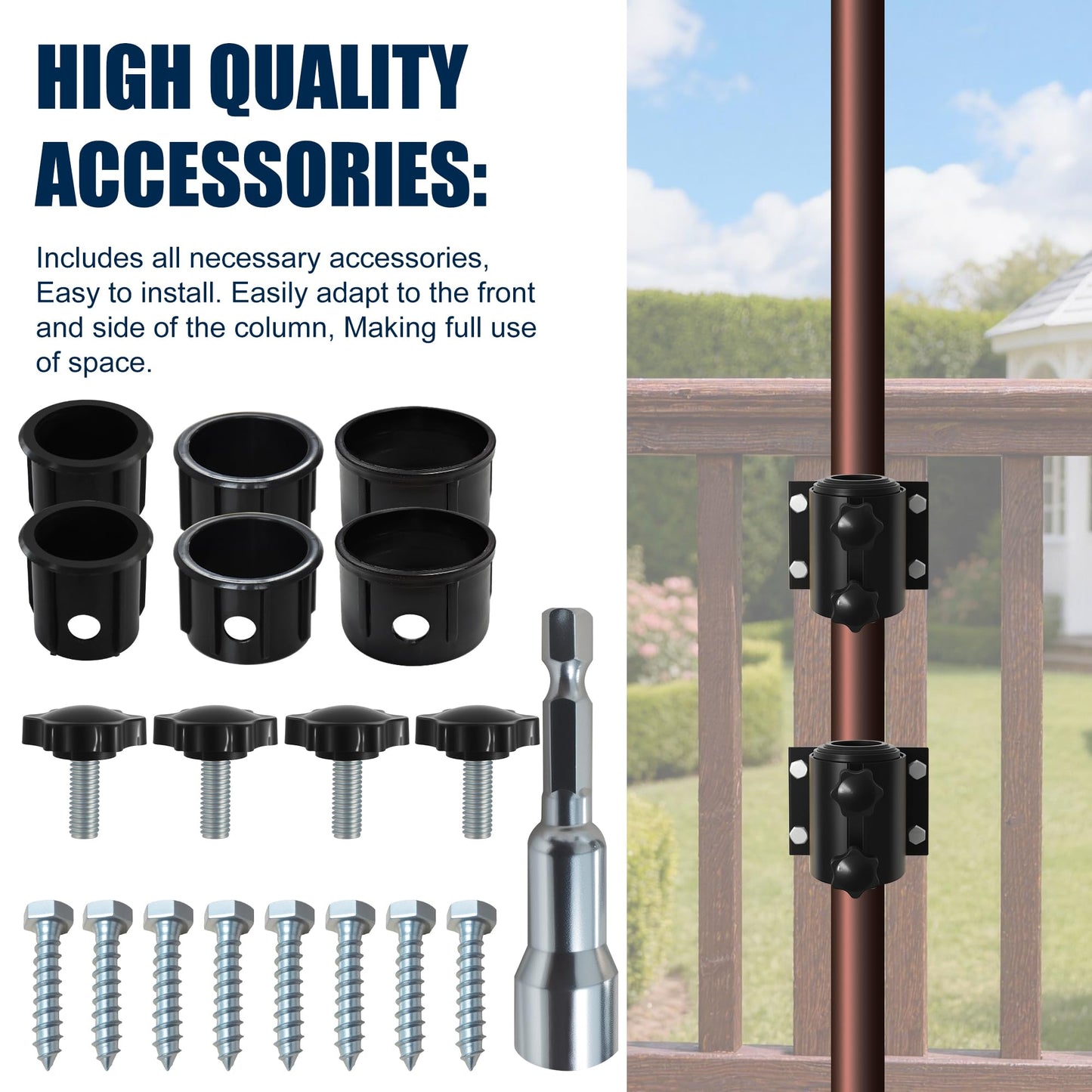 EliteShade USA Full Aluminum Non-Rust Deck Umbrella Mount, Heavy Duty Metal Patio Umbrella Base Stand, 2 Piece Outdoor Umbrella Holder for Deck Railing, Black