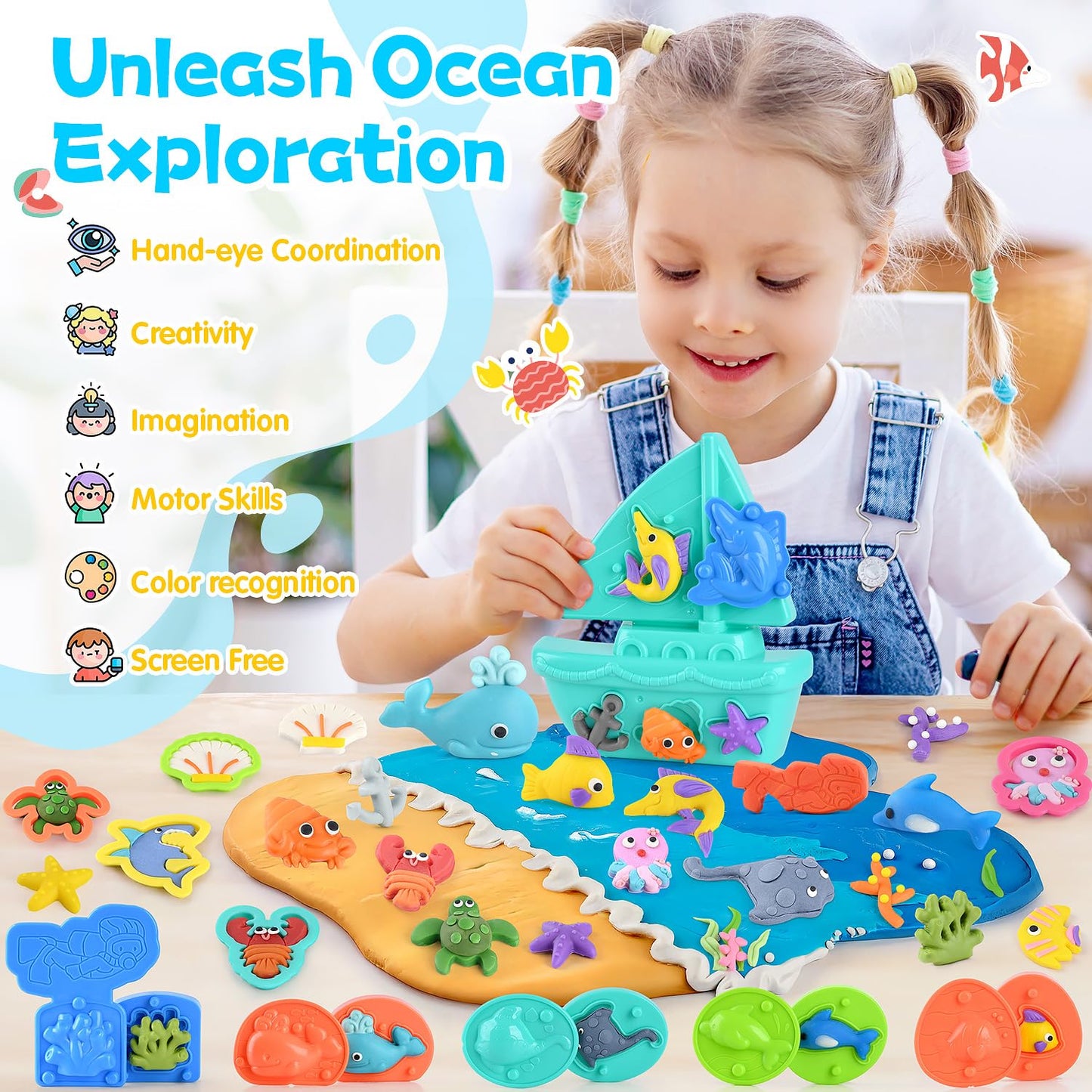 PLAY Ocean Color Dough Kit with Sea Animals Molds, Under the Sea Toys Set for Sensory Play - Boat Whale Shark Crab Fish Cutters, Educational Arts and Crafts Gift for Kids 3 4 5 6 Year Old Boys & Girls
