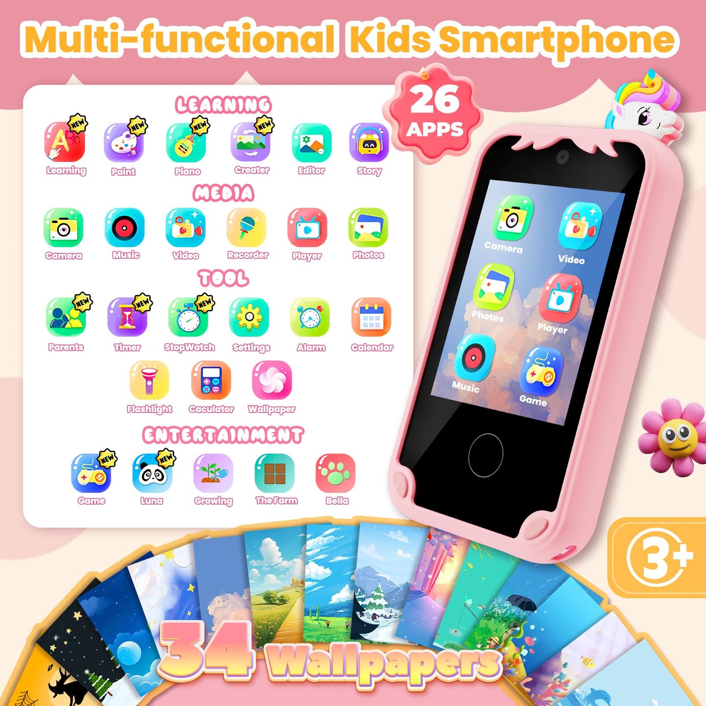 Kids Phone for Girl Toys, Christmas Birthday Gifts for Age 3-10 Year Old Girls Boys Toys, Kids Toddler Smart Phone, Detective Educational Learning Toys with 2.8" Touchscreen, Music Video Game (Pink)