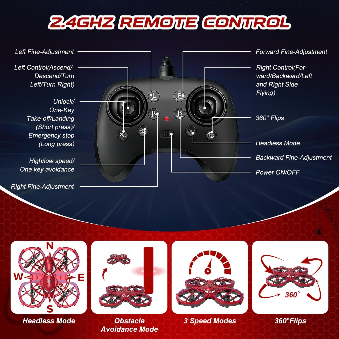 Spider Mini Drone for Kids Beginners - Toss to Go RC Quadcopter with LED Lights, 2 Batteries, Headless, 3 Speed Mode, 3D Flips, Obstacle Avoidance, Indoor Outdoor Cool Toys Gifts for Boys Girls Christmas Stocking Stuffers