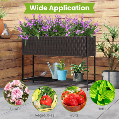 HAPPYGRILL Raised Garden Bed, Rattan Planter Raised Bed with Legs, Bottom Storage Shelf, Removable Liner, Drainage System, Wicker Elevated Planter Box w/Legs for Vegetables Flowers (40” x 12” x 28”)
