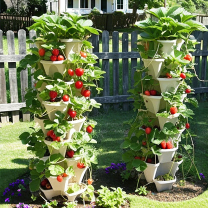Lykvrii Strawberry Planters, 3 Tiered Vertical Stackable Planter, Herb Stacking Tower Garden, Flower Vegetable Planters with Support Pole, Indoor & Outdoor with Removable Wheels - Dark Grey