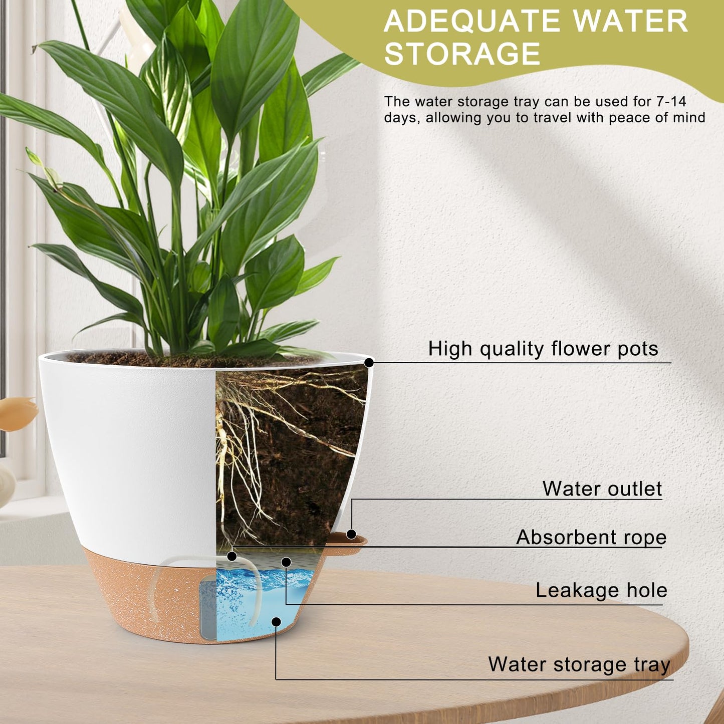 WEICHENGXING Plant Pots,12/10/9/8/ Inch Large Plastic Self Watering Flower Pots Indoor Outdoor with Drainage Holes, Deep Reservoir,Nursery Planting Pot for Indoor Out Door Plants White