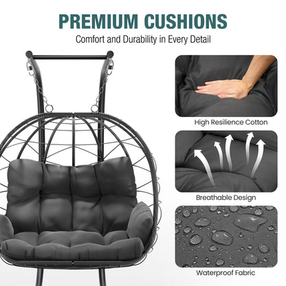 Pamapic Double Egg Chair wth Stand, 700 LBS Loveseat Rattan Swing Chair, UV Resistant Cushions with Armrests and Headrest, Thick Steel Frame Hammock Swing for Outdoor, Patio, Indoor(Grey)