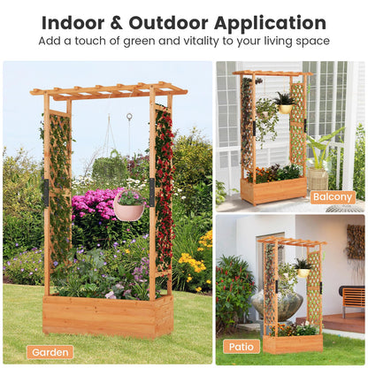 S AFSTAR 72-Inch Raised Garden Bed with Arch Trellis, Hanging Roof & Drainage Holes, Vertical Plant Container for Vine Climbing Plant Flower, Indoor Outdoor Wood Elevated Planter Box for Garden Patio