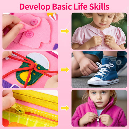 Toddler Busy Board, Montessori Busy Book for Toddlers, 12-Page Quiet Educational Activity Book, Learning Sensory Toys for Motor Skills, Travel Toy for Car Airplane, Girl Kids Birthday Gifts (Pink)