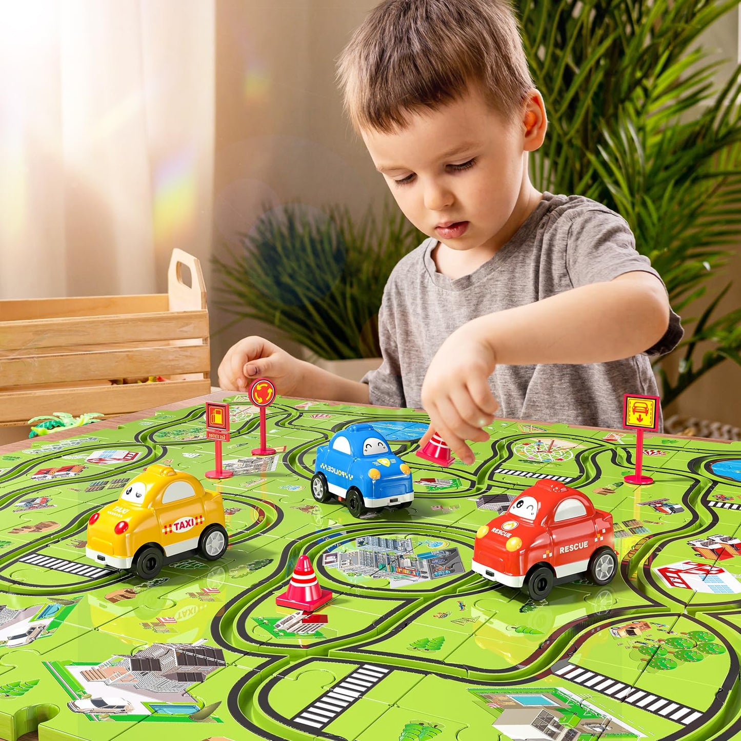JUKUDAHU 64 Pieces Puzzle Race Track Car Set Toys for 3 4 5 6 Year Old Boys - Puzzle Tracks Car Toys for Kids Ages 3-5 with 3 Sliding Toy Cars, City-Themed, Birthday Gifts for Toddlers 1-3 2-4 4-6