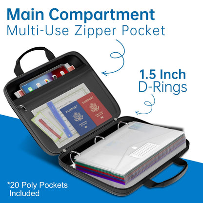 ZOOPIP Binder Folders Organizer with 20 Pack Heavyweight Plastic Pockets,Fireproof File Folder Box with Lock,Zipper Binder Bag for Important Documents,Letter Size