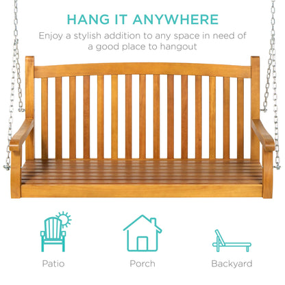 Best Choice Products 48in Wood Porch Swing Outdoor Patio Hanging Bench Chair Furniture for Deck, Garden, Yard w/Mounting Chains, Curved Back Design, 500lb Weight Capacity - Brown