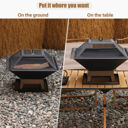 Quilushey 19.8inch Portable Small Fire Pit with a Removable Ash Pan, Fire Poker, Mesh Lid, 2 in 1 Square Outdoor Fireplace for BBQ, Outside Heating, Bonfire Party, Camping, Backyard, Patio, RV Trip