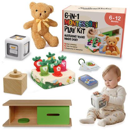 SmileyBubs Montessori Baby Toys 6-12 Months, Montessori Toys for 1 Year Old, Baby Sensory Toys for 6-12 Month Infants - A Sliding Box, Puzzle, Switchboard, Pulling Carrots, Doll, Fruit Flash Cards