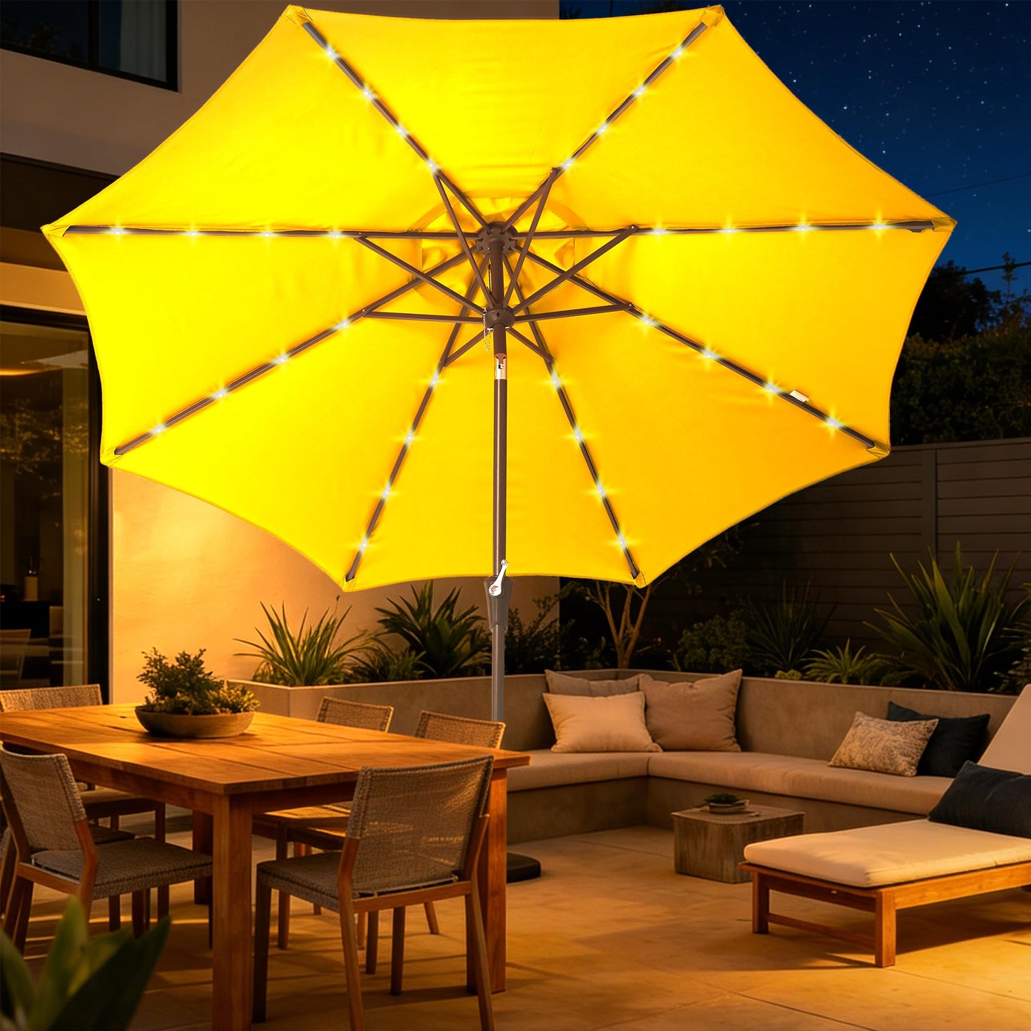 Tioline 9FT Solar-Powered LED Patio Umbrella with Tilt Crank,Outdoor Market Umbrella with 32 Lights,Sunshade for Deck, Garden and Pool,Yellow