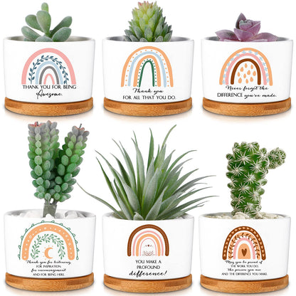Sieral 6 Pcs Thank You Employee Appreciation Gift Succulent Pots Social Worker Gift Ceramic Plant Pot with Bamboo Tray Succulent Planter for Coworker Teacher, Plants Excluded (Boho Style)