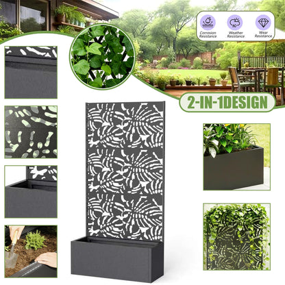 47" Metal Planter Box with Trellis on Wheels, Galvanized Steel Raised Garden Bed Privacy Screen, 71" Tall Mobile Vertical Garden Planter for Patio, Deep Root Outdoor Climbing Plant Support, Black
