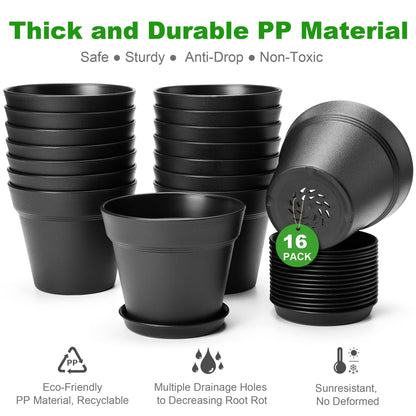 FHWTY 16 Pack Plastic Plant Pots with Drainage Holes and Tray, 4 inch Thickened Indoor Planters Seedlings Nursery Pots for Flowers, African Violet, Succulent and All House Plants, Black