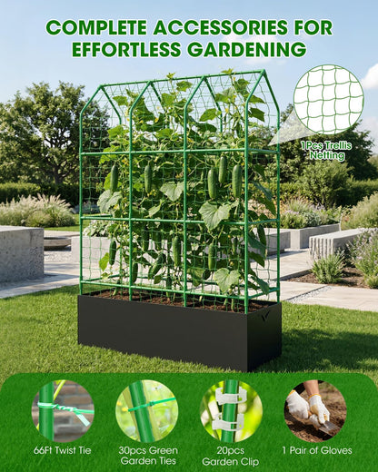 65" Cucumber Planter with Trellis for Climbing Plants Outdoor, Metal Garden Trellis for Raised Bed, Plant Support Structures with Netting for Cucumbers Tomatoes Beans Peas (50 * 17 * 65inch(L*W*H)