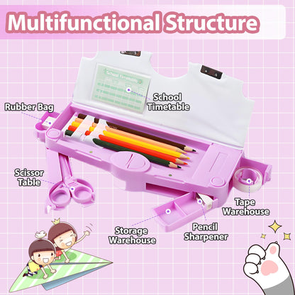 Ristpal Pop Up Multifunction Pencil Case, Cute Cartoon Pen Box Organizer Stationery with Sharpener, School Supplies, Best Birthday Gifts (Purple)