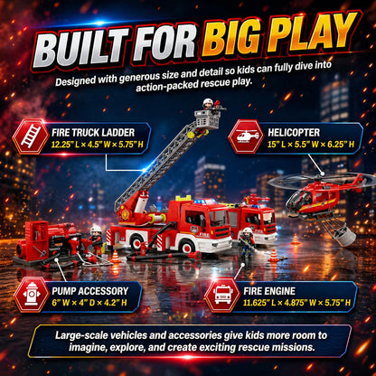 Tiny Force Fire Rescue Set – Fire Truck with Ladder, Toy Helicopter, Motorcycle & Fire Water Pump, Emergency Pretend Play Toys for Kids & Toddlers