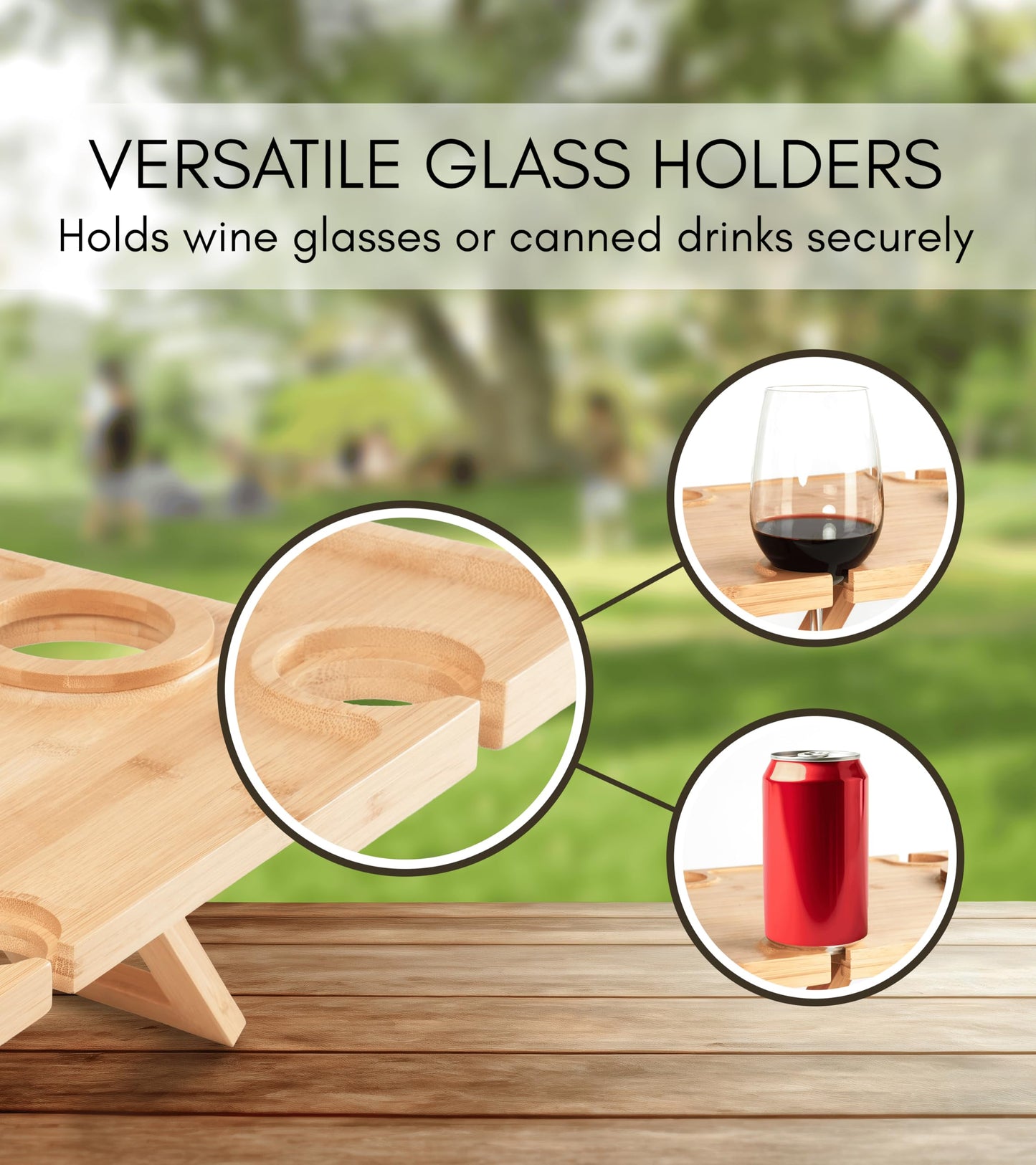 Outdoor Wine Picnic Table, Wooden Folding Picnic Table with Glass Holder, Bamboo Wine Glass Snack Tray for Indoor & Outdoor Use, Includes Picnic Mat & Tote Bag