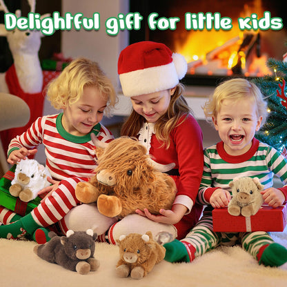 5PC Highland Cow Stuffed Animals with Babies Inside, 1 Mommy Highland Cow Plush & 4 Surprise Babies, Cute Plush Toy for Kid Boys Girls Ages 3 4 5 6 7 8, Gift Ideal for Christmas, Valentine's, Birthday